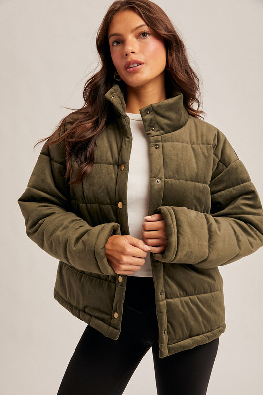 Olive Velvet Quilted Puffer Jacket