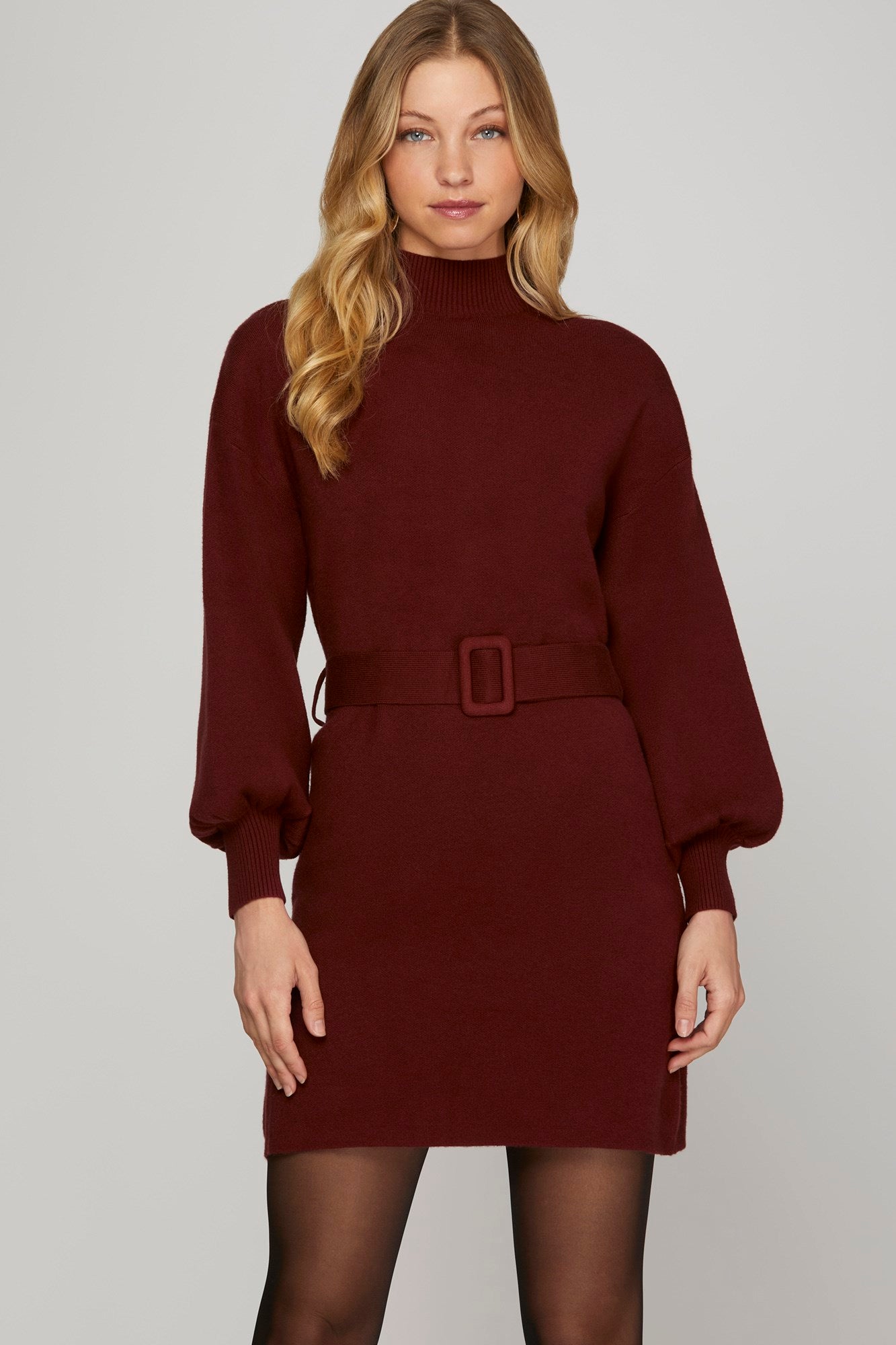 Mock Neck Sweater Dress with Belt