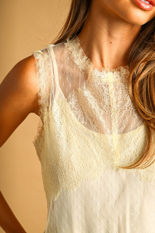 Delicate Lace & Dot-Mesh Sleeveless Top in Beige – Women's Lace Top by MIOU MUSE