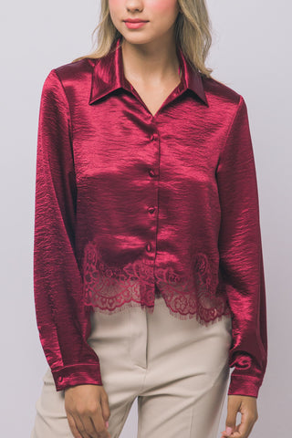 Satin Cropped Lace-Hem Blouse