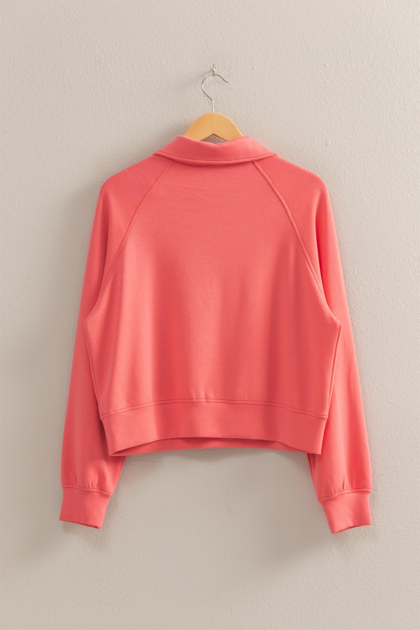 High Collar zip front Sweatshirt in Coral