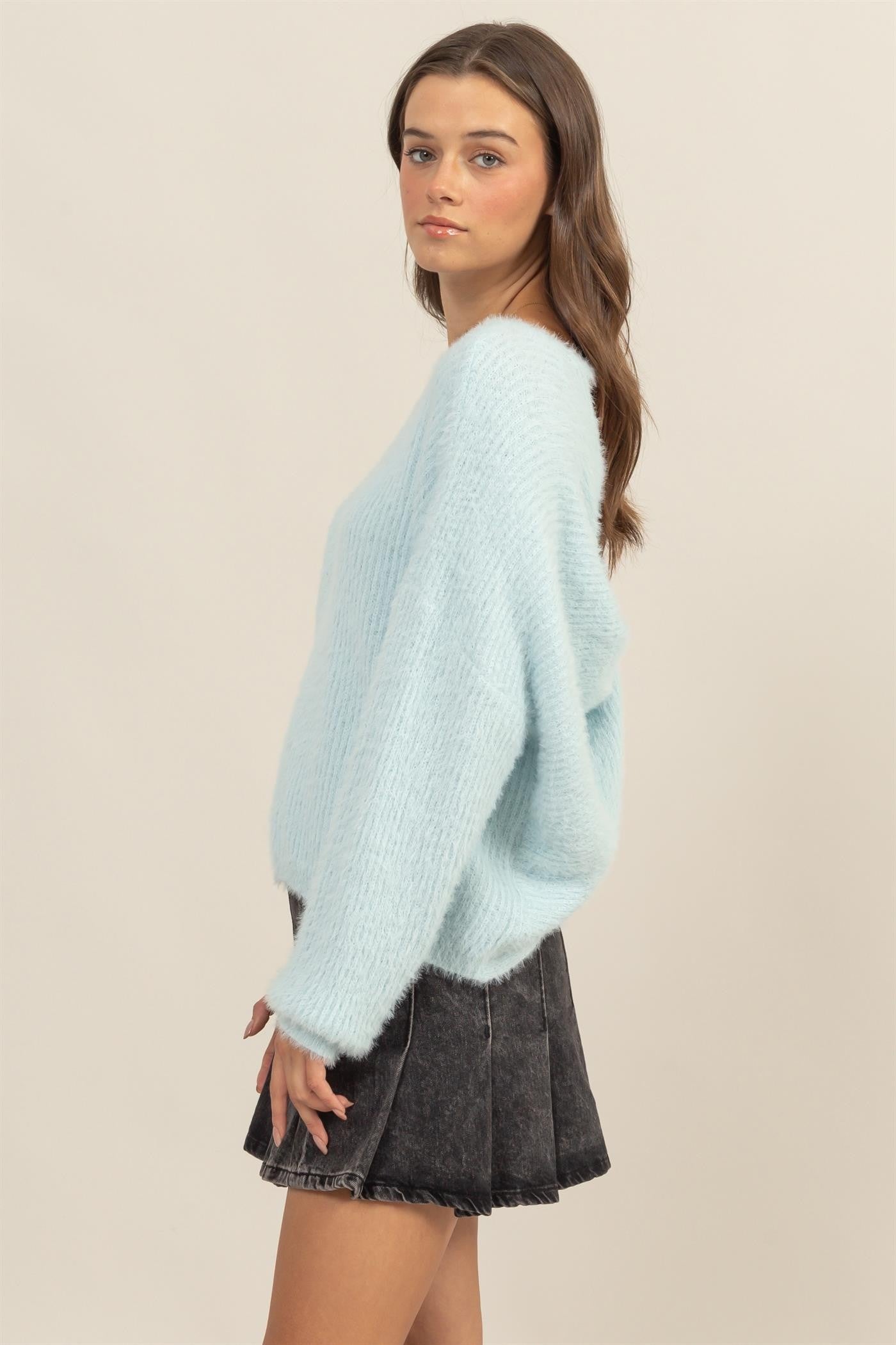 Romantic Open Back Sweater in Light Blue