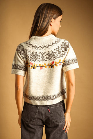 Leaf Embroidered Fair Isle Short Sleeve Sweater Top – Women's Sweater by MIOU MUSE