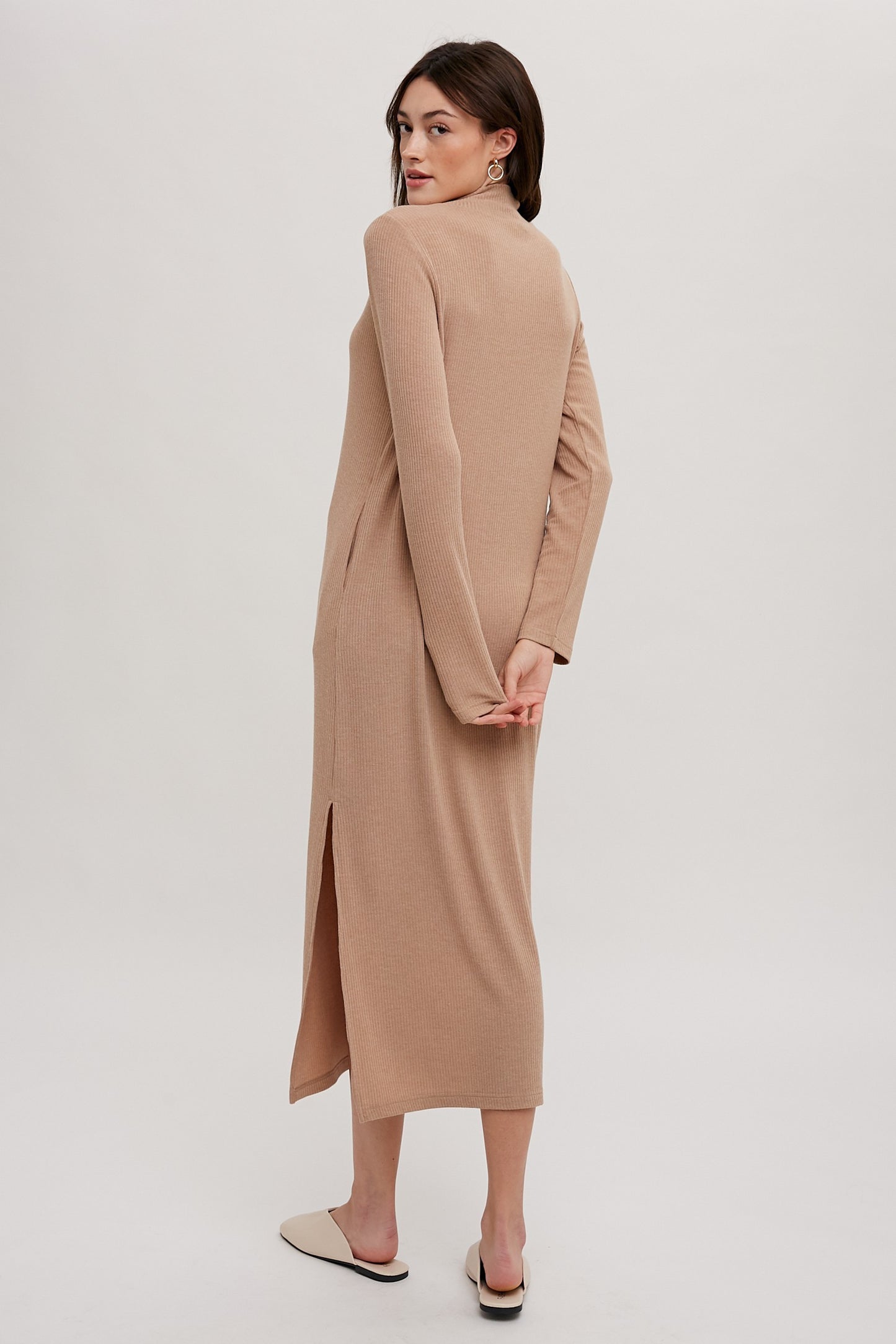 Mock Neck Knit Midi Dress in Taupe