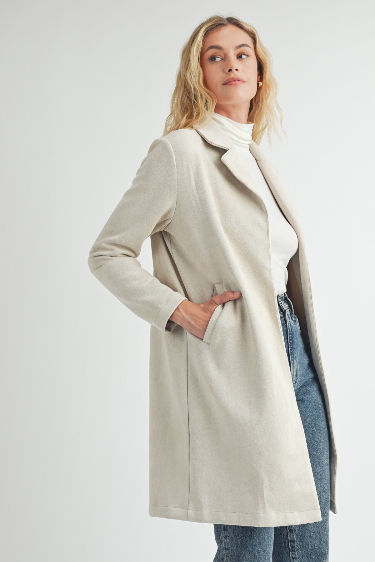 Open Front Suede Midi Coat in Sand