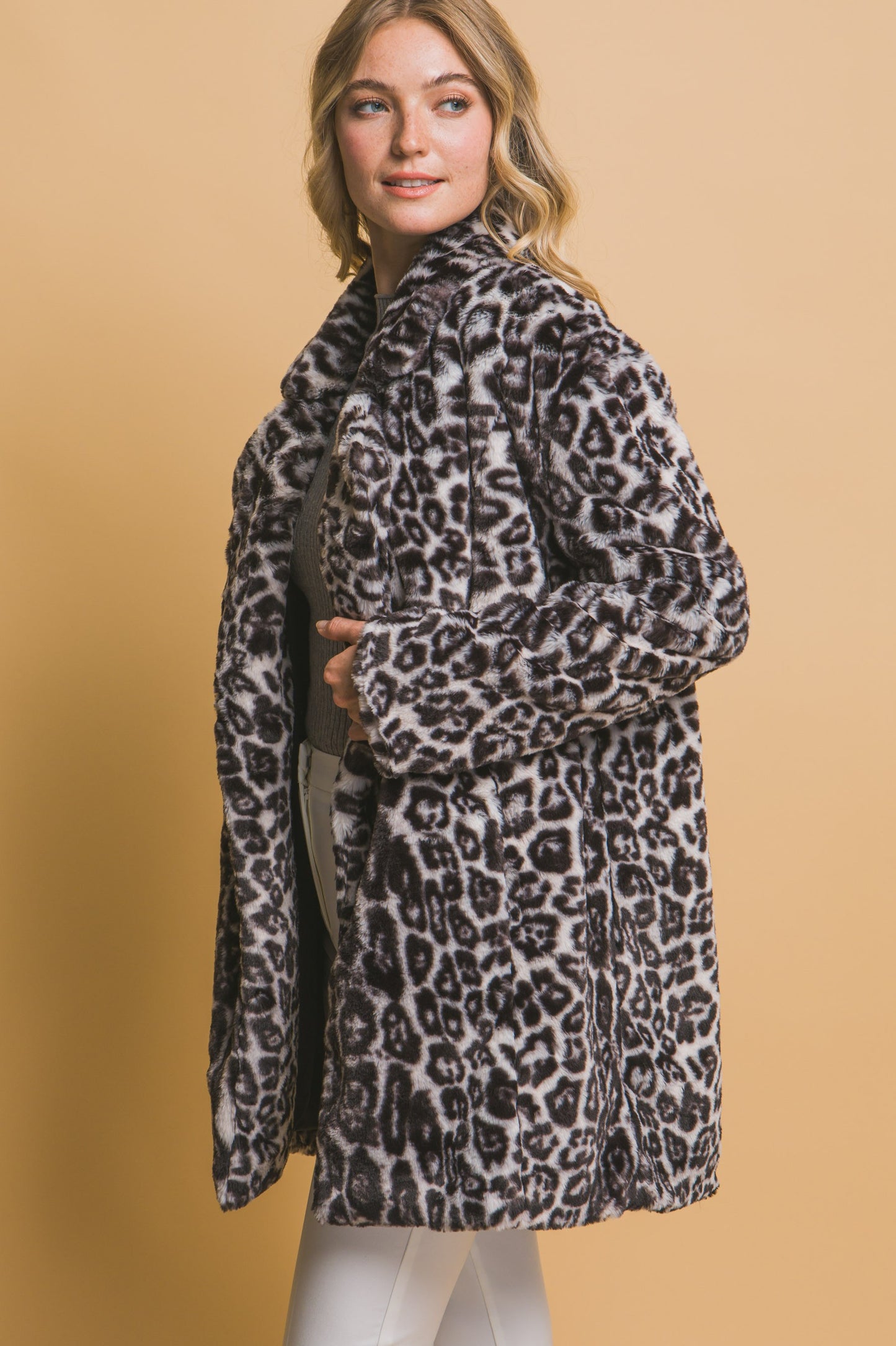 Faux Print Animal Print Fur Coat