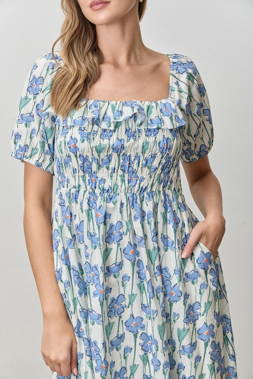 Floral Print Midi Dress in Blue