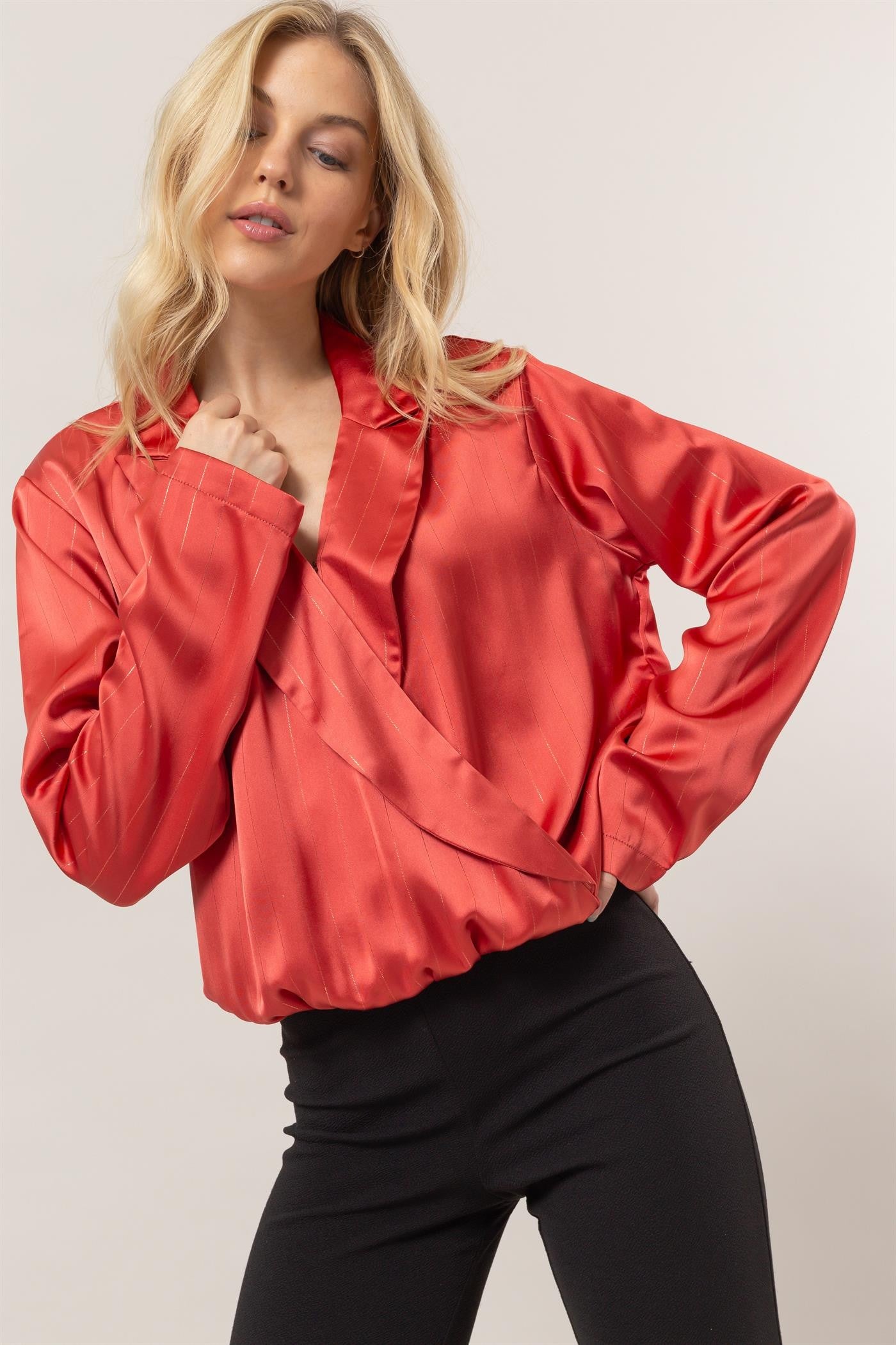 Sophisticated Lurex Wrap Blouse in Red