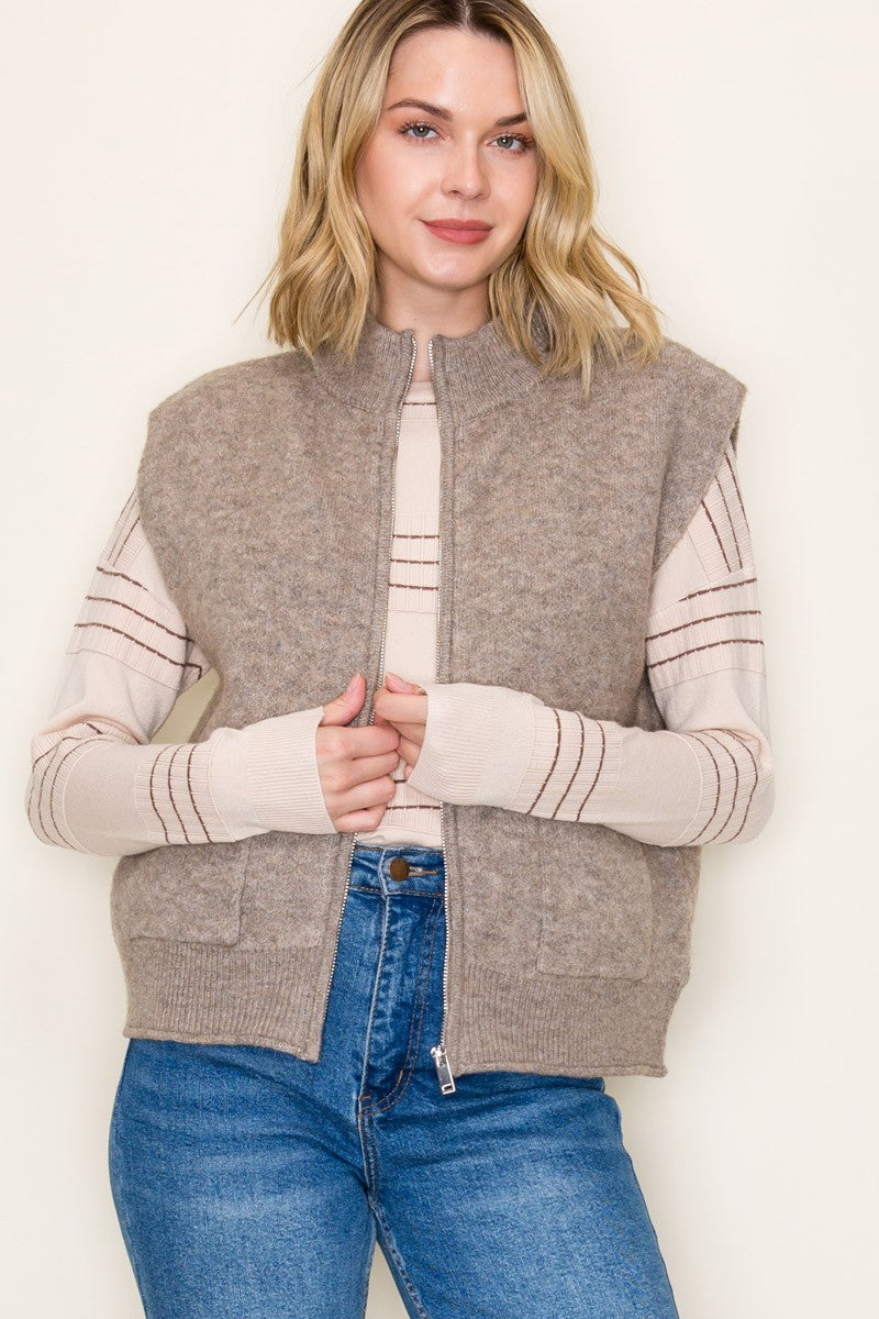 Zip Up Sweater Vest in Mocha