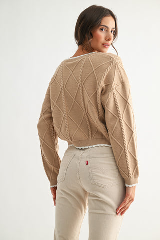Diamond Cable Knit Scallop Trim Cropped Sweater