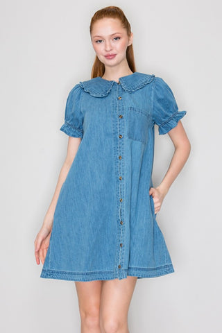 RUFFLE COLLAR DENIM DRESS