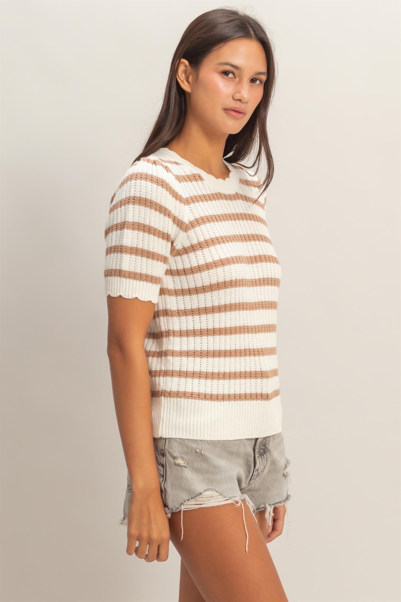 Striped Scallop Edge Puff Sleeve Knit Top