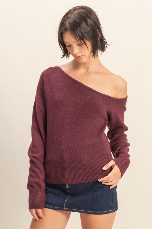 Off the Shoulder Sweater in Dk. Cherry