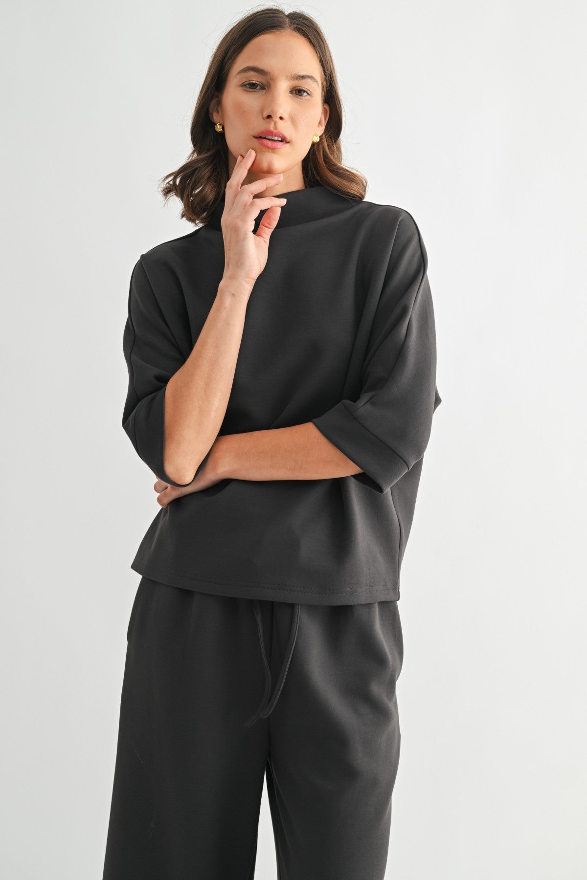 Scuba Mock Neck Knit Top in Charcoal