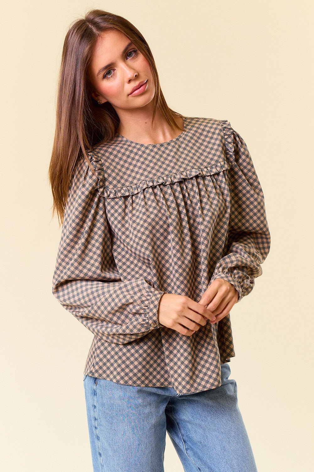 Round Neck Ruffled Top in Sage