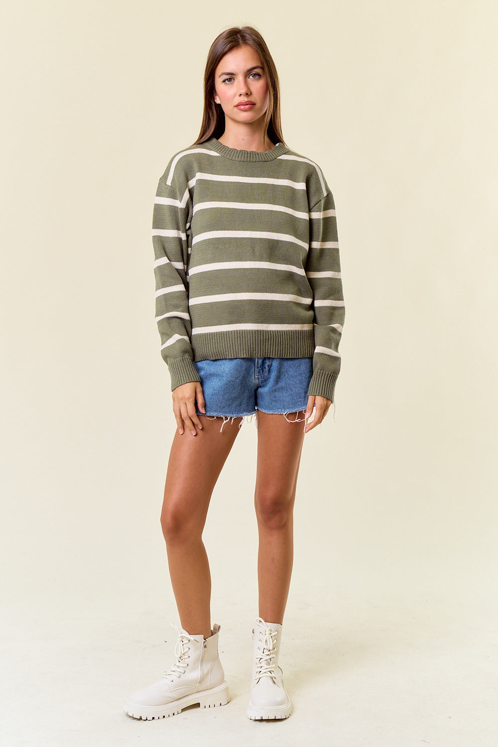 Scallop Neck Stripe Sweater in Olive