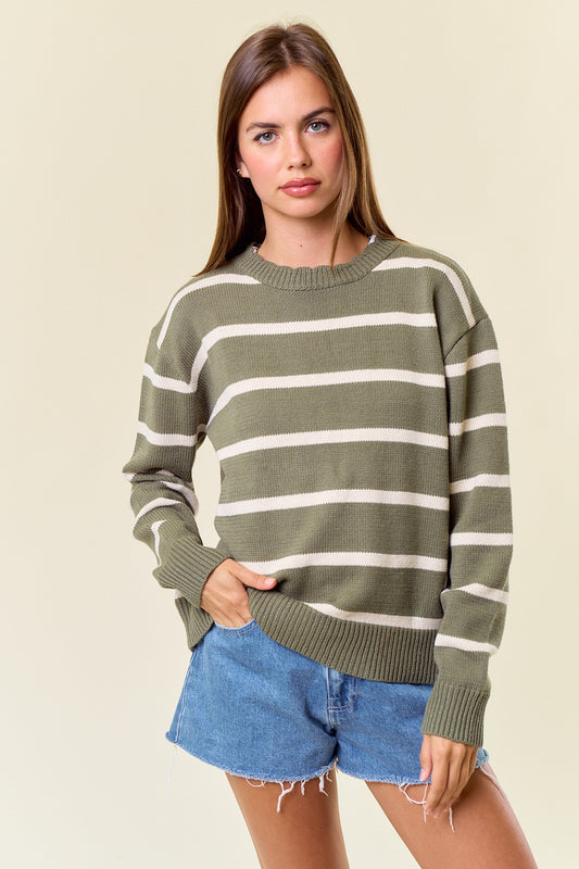 Scallop Neck Stripe Sweater in Olive