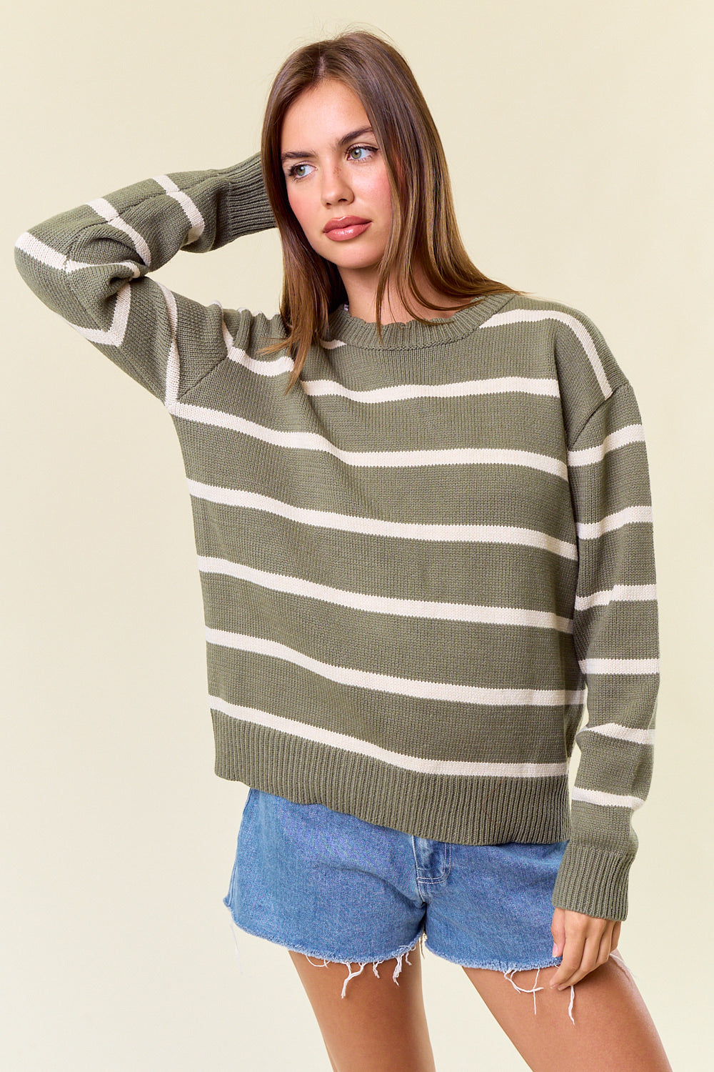 Scallop Neck Stripe Sweater in Olive