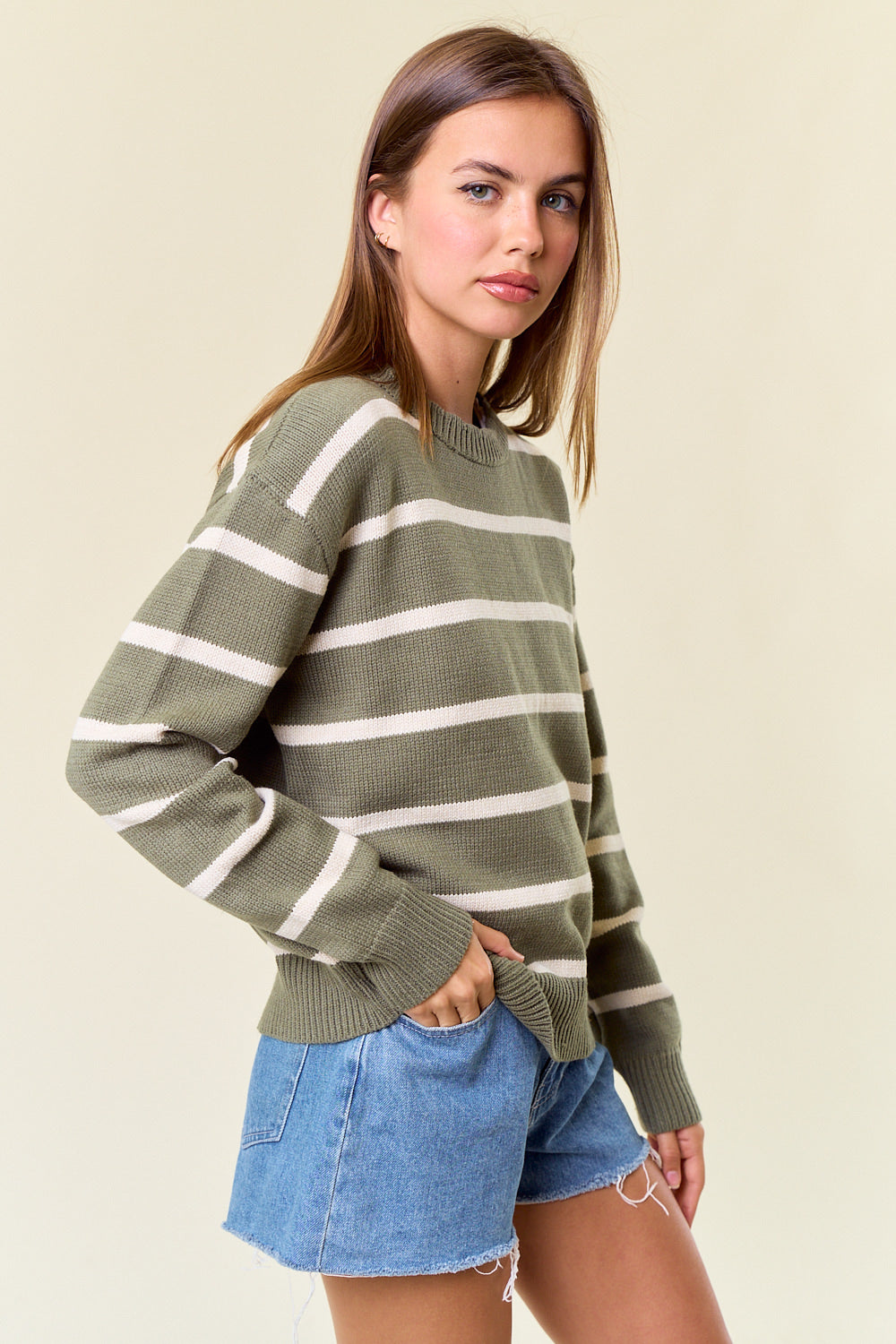 Scallop Neck Stripe Sweater in Olive