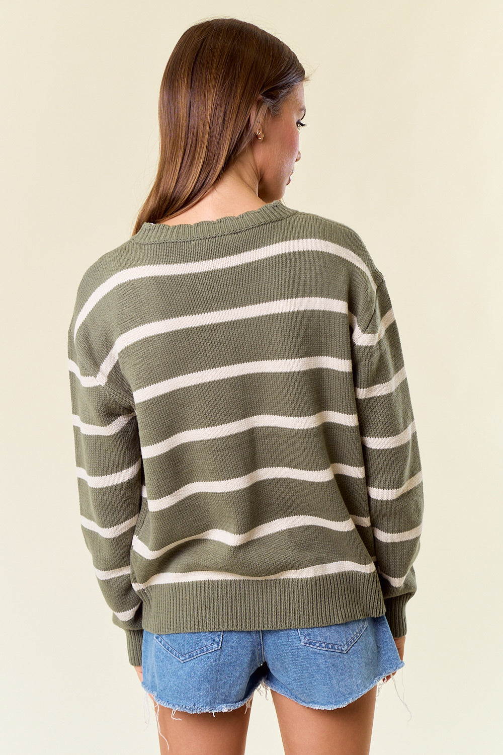 Scallop Neck Stripe Sweater in Olive