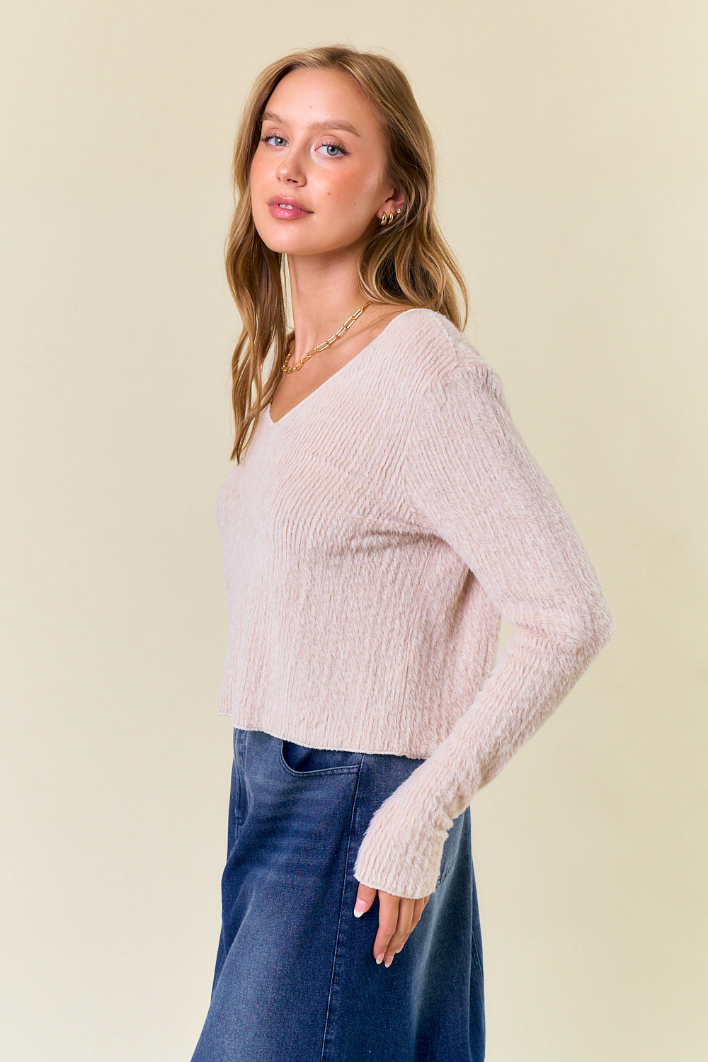 Soft Fuzzy Knit V-Neck Top