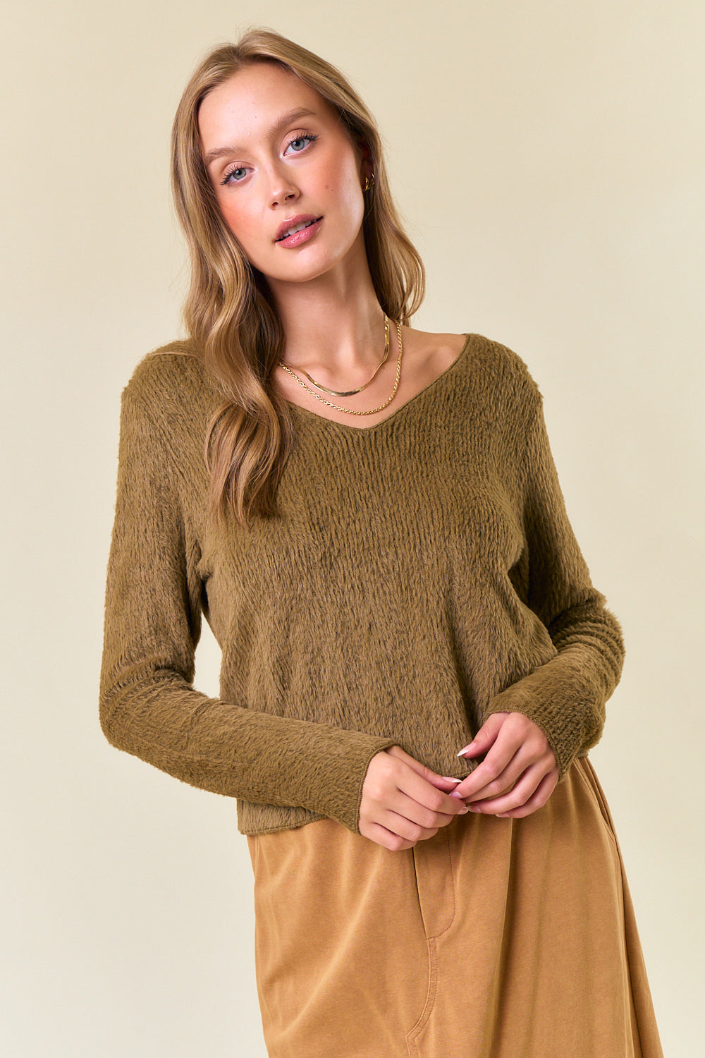 Soft Fuzzy Knit V-Neck Top