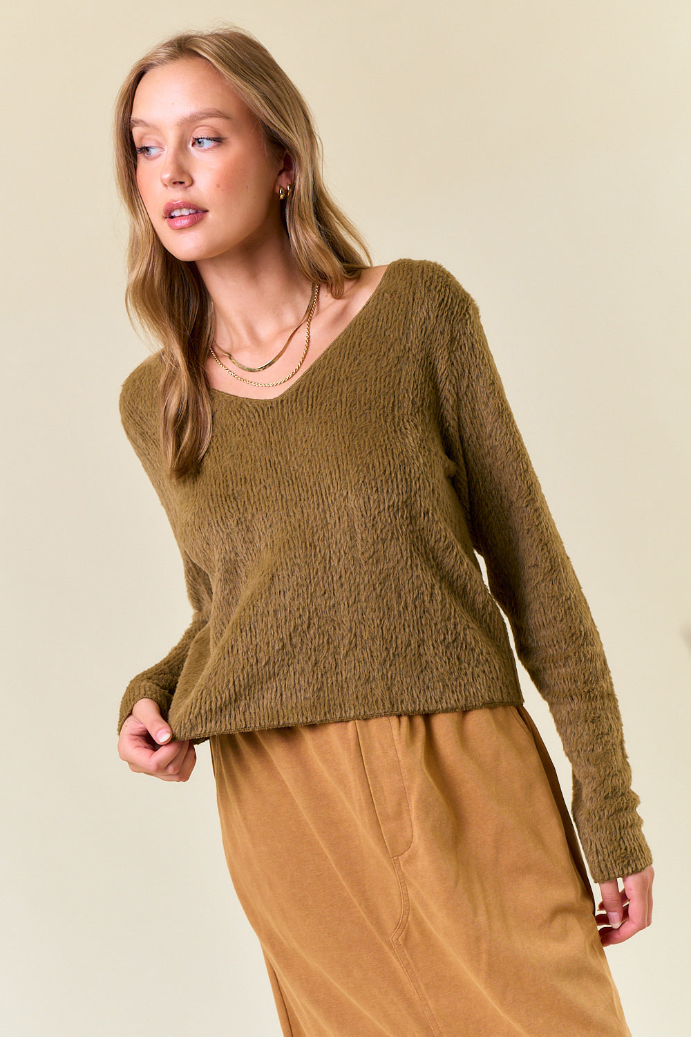 Soft Fuzzy Knit V-Neck Top