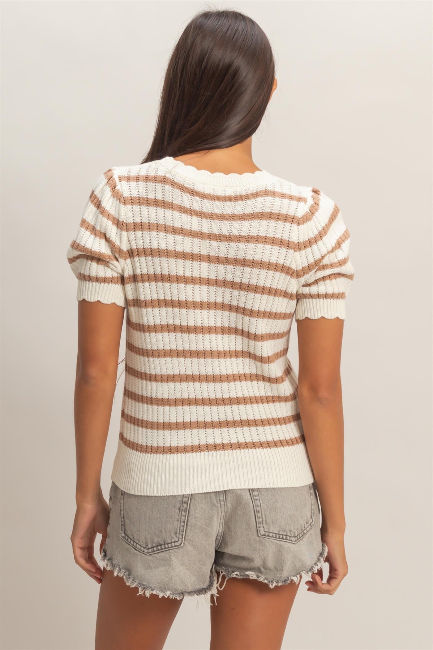 Striped Scallop Edge Puff Sleeve Knit Top