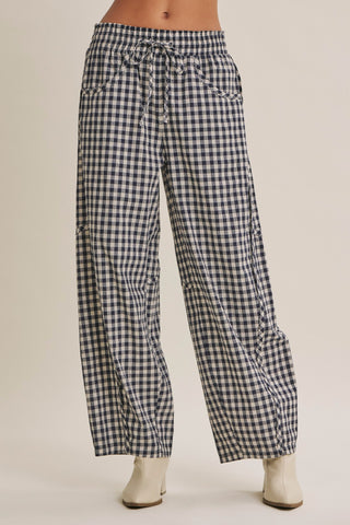Navy Gingham Cotton Barrel Pants