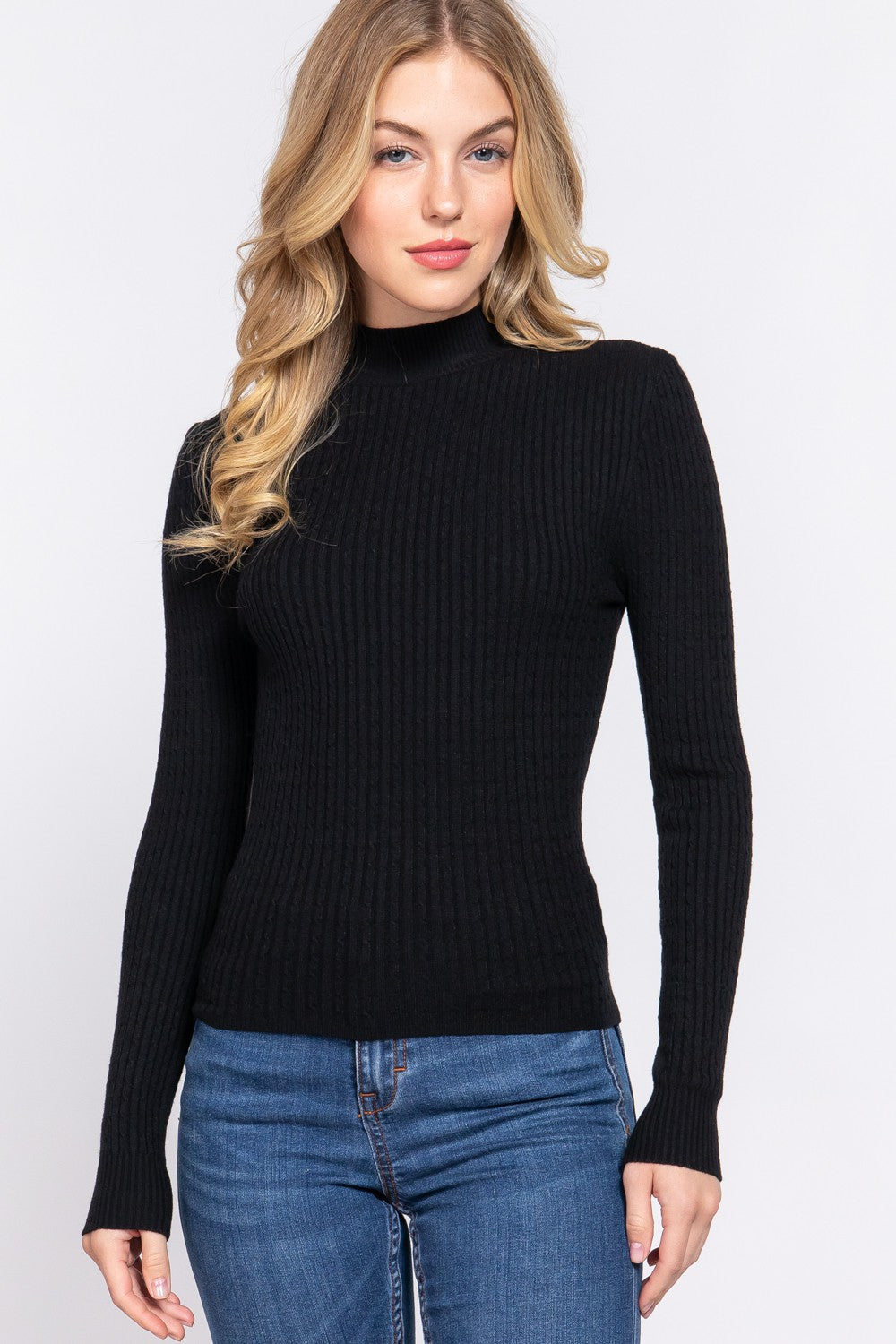 Mock Neck Rib Sweater in Black