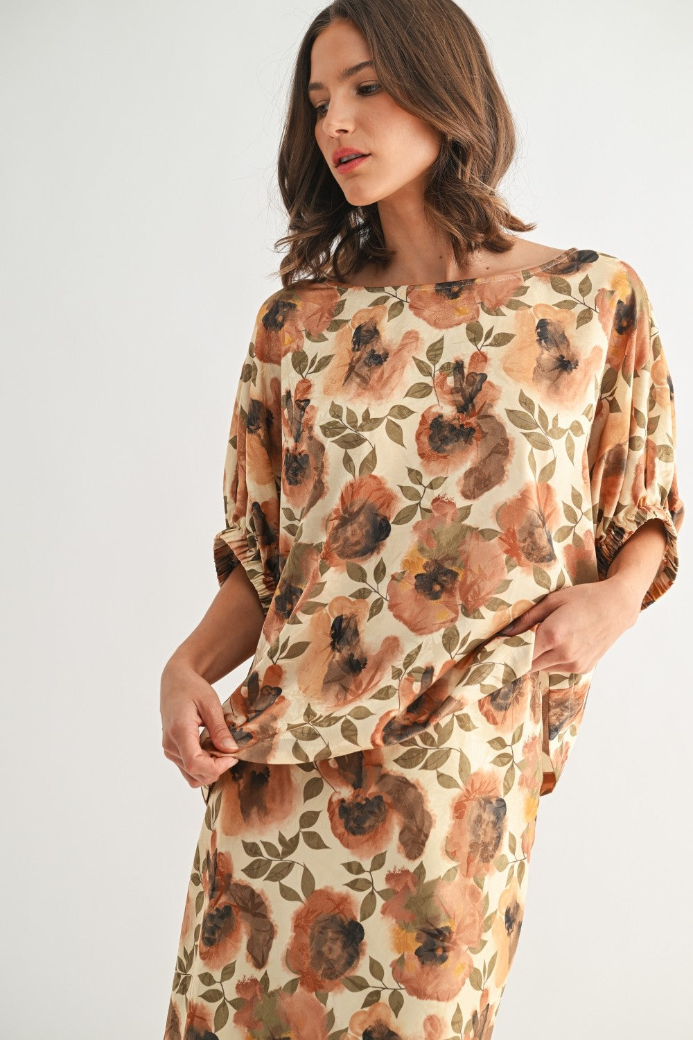 Flower Print Satin Dolman Top