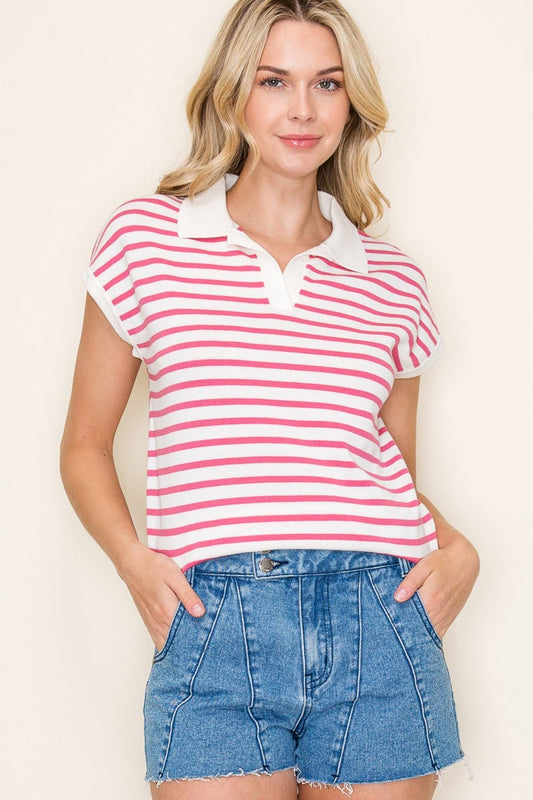 Pink Stripe Johnny Collar Top