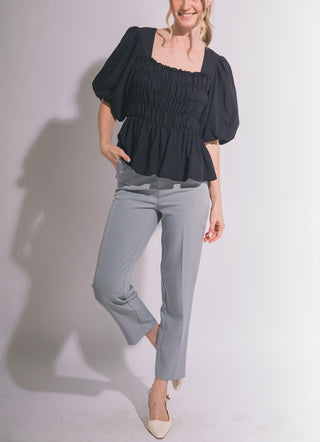 Puff Sleeve Smocked Bodice Top in Black