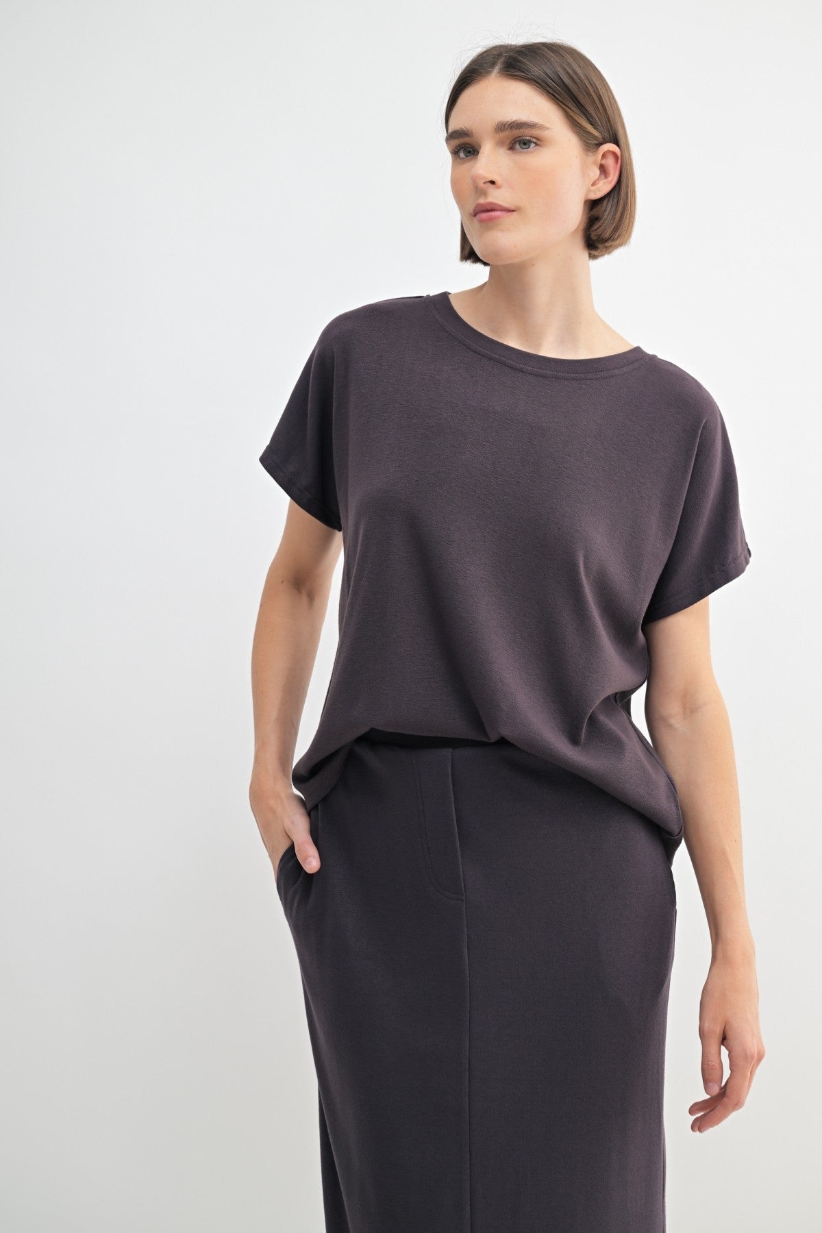 Round Neck Dolman Sleeve Top in Truffle