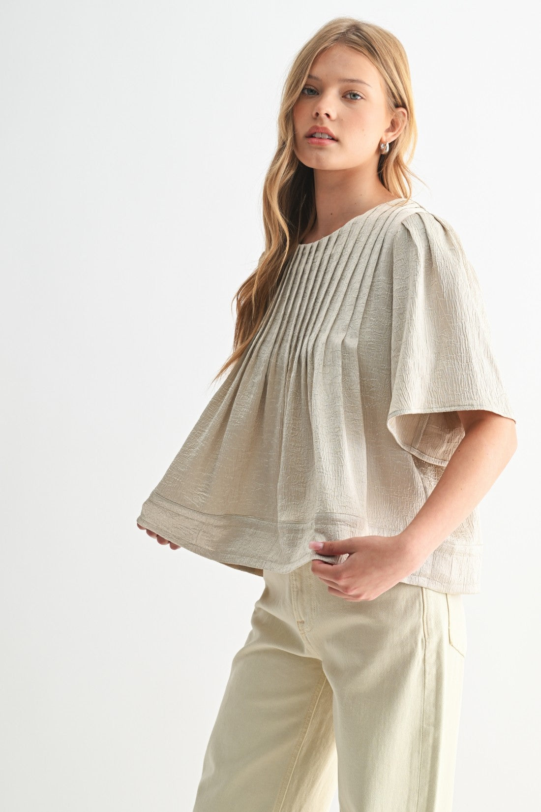 Texture Satin Pin Tuck Detail Blouse