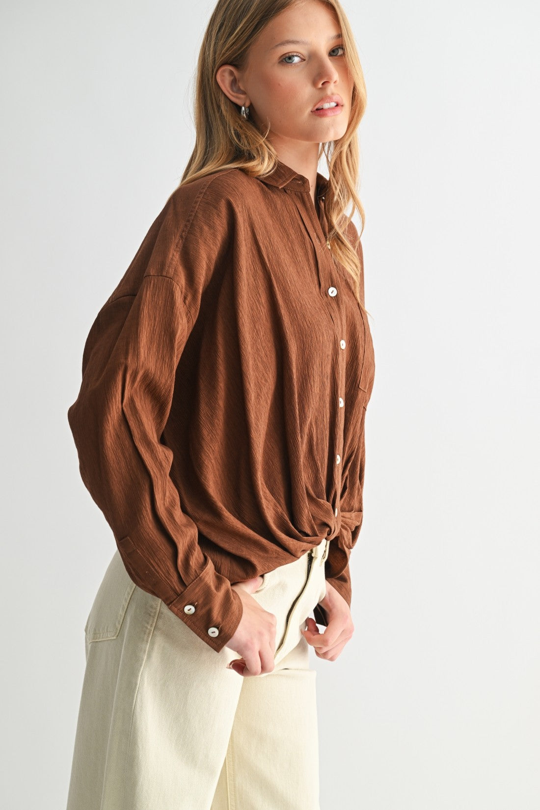 Texture Woven Twist Hem Button Down Shirt
