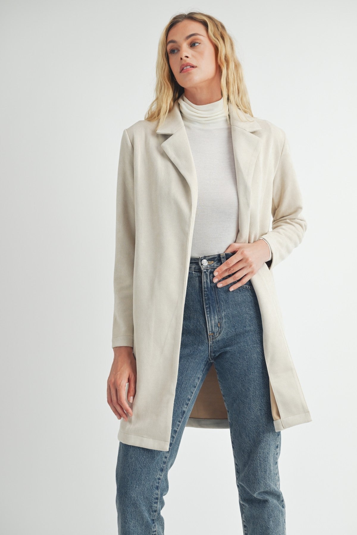 Open Front Suede Midi Coat in Sand