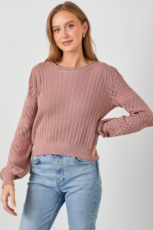 Pointelle Sleeve Sweater in Dusty Mauve