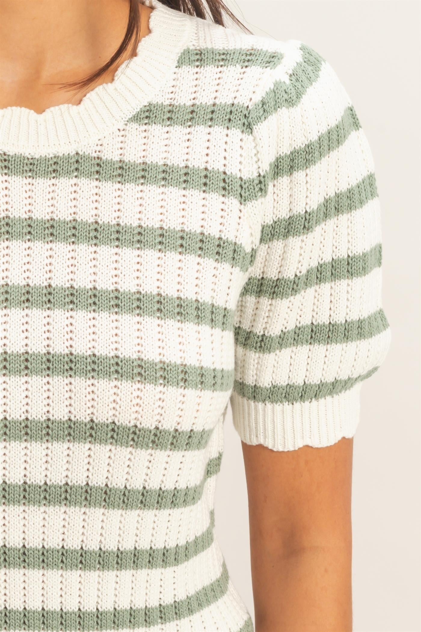 Striped Scallop Edge Puff Sleeve Knit Top