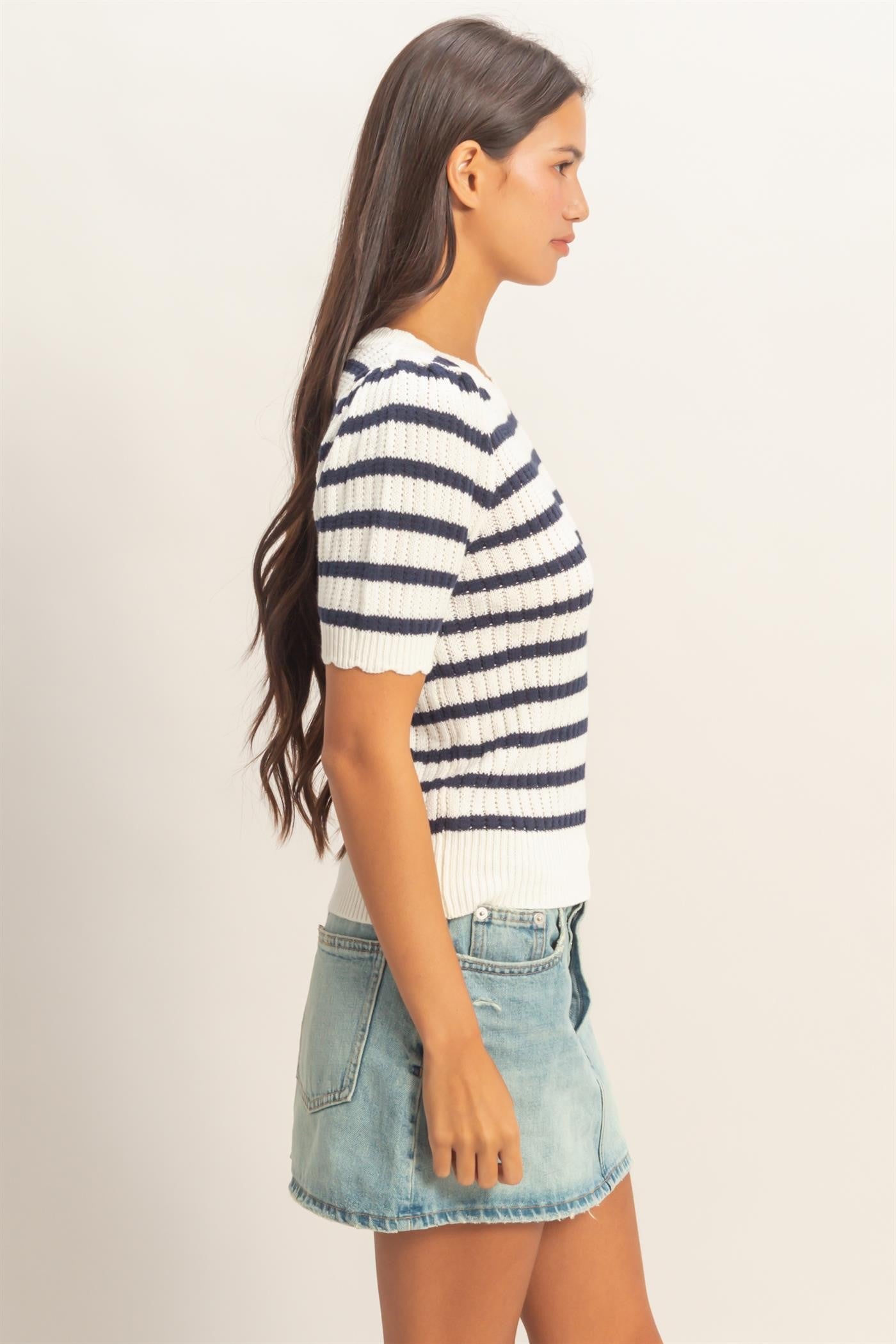 Striped Scallop Edge Puff Sleeve Knit Top