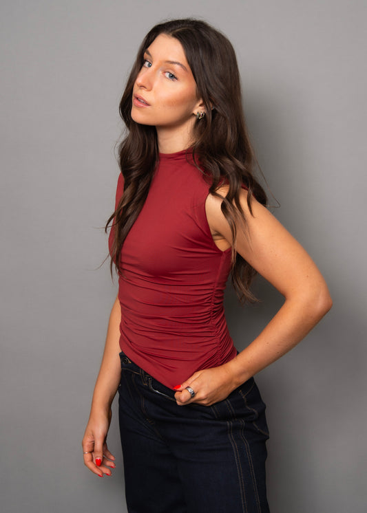 Second Skin Extended Sleeve Funnel Neck Top in Chili