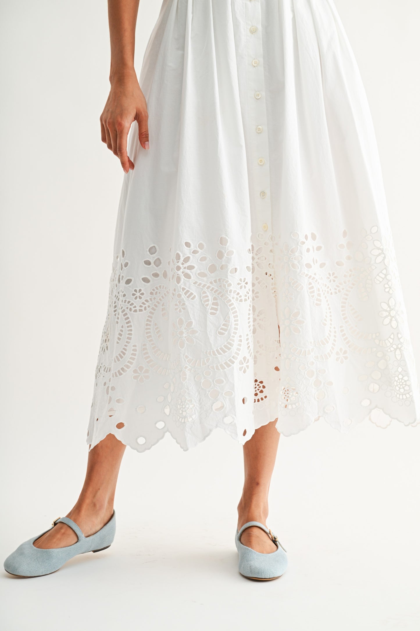 Embroidered White Eyelet Midi Dress