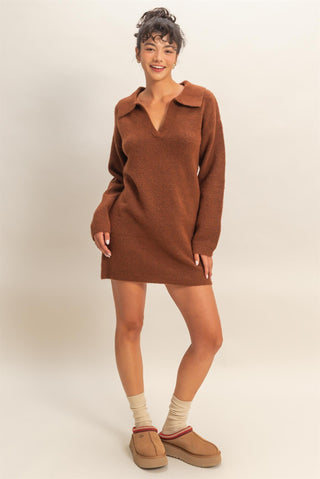 Polo Long Sleeve Sweater Dress in Chestnut