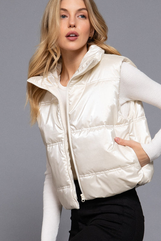 Shiny Woven High Neck Vest in Pearl