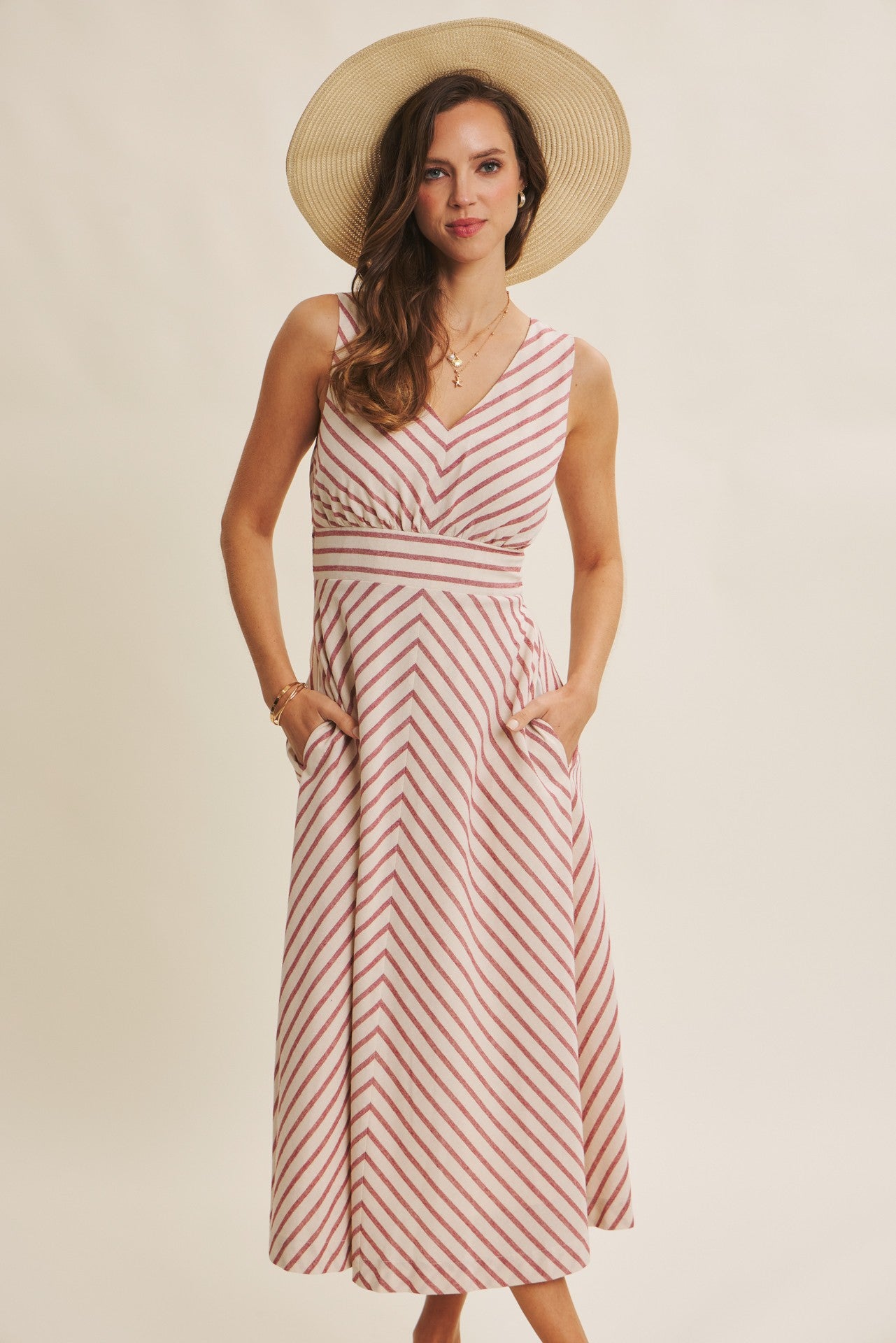 Fit and Flare Stripe Midi Dress in Red