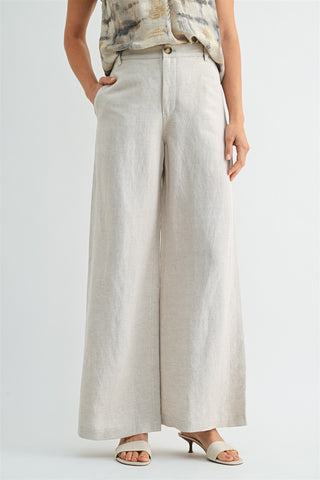 Linen Button Front Wide Leg Pants in Natural