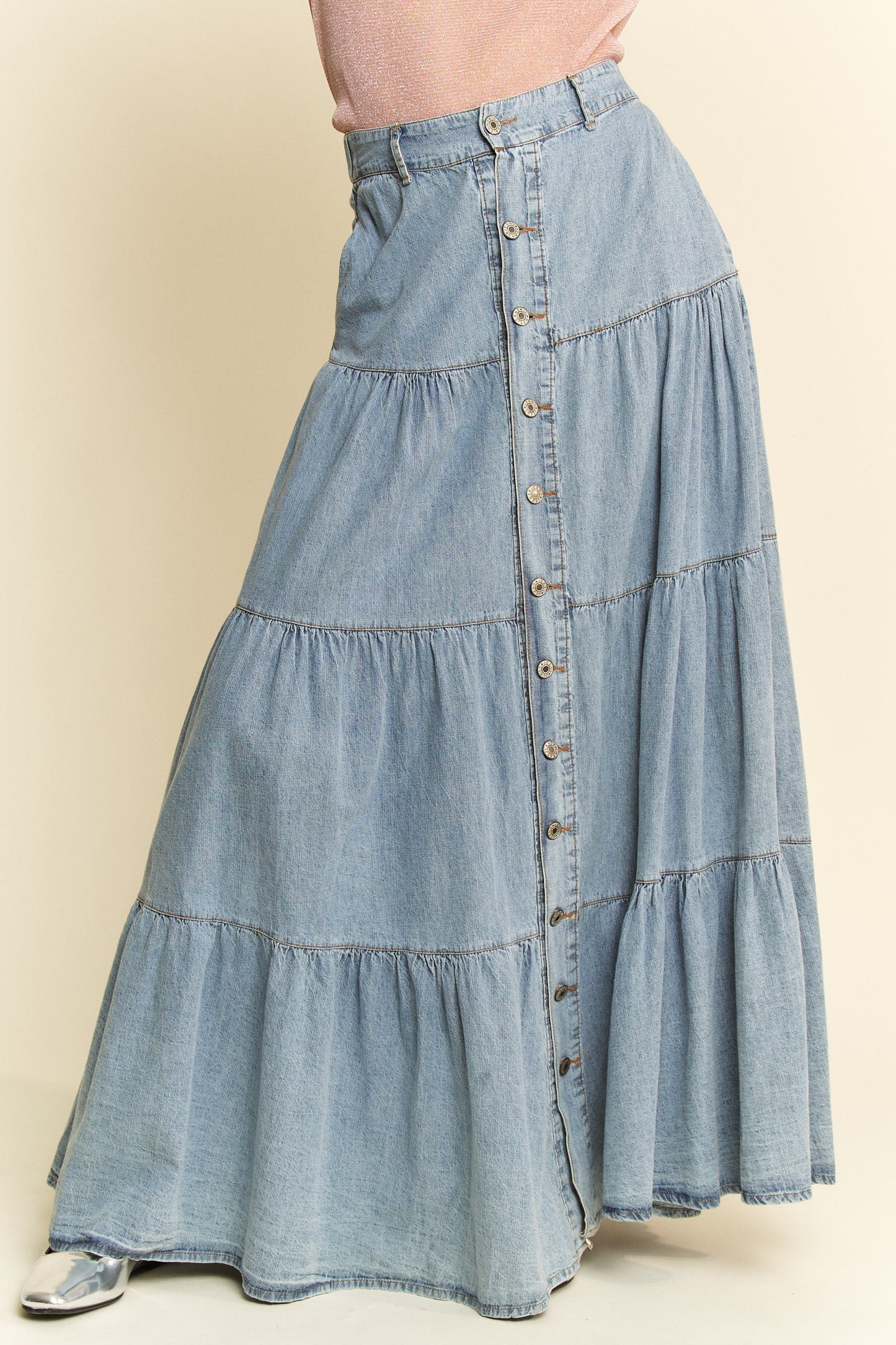 Tiered Denim Maxi Skirt