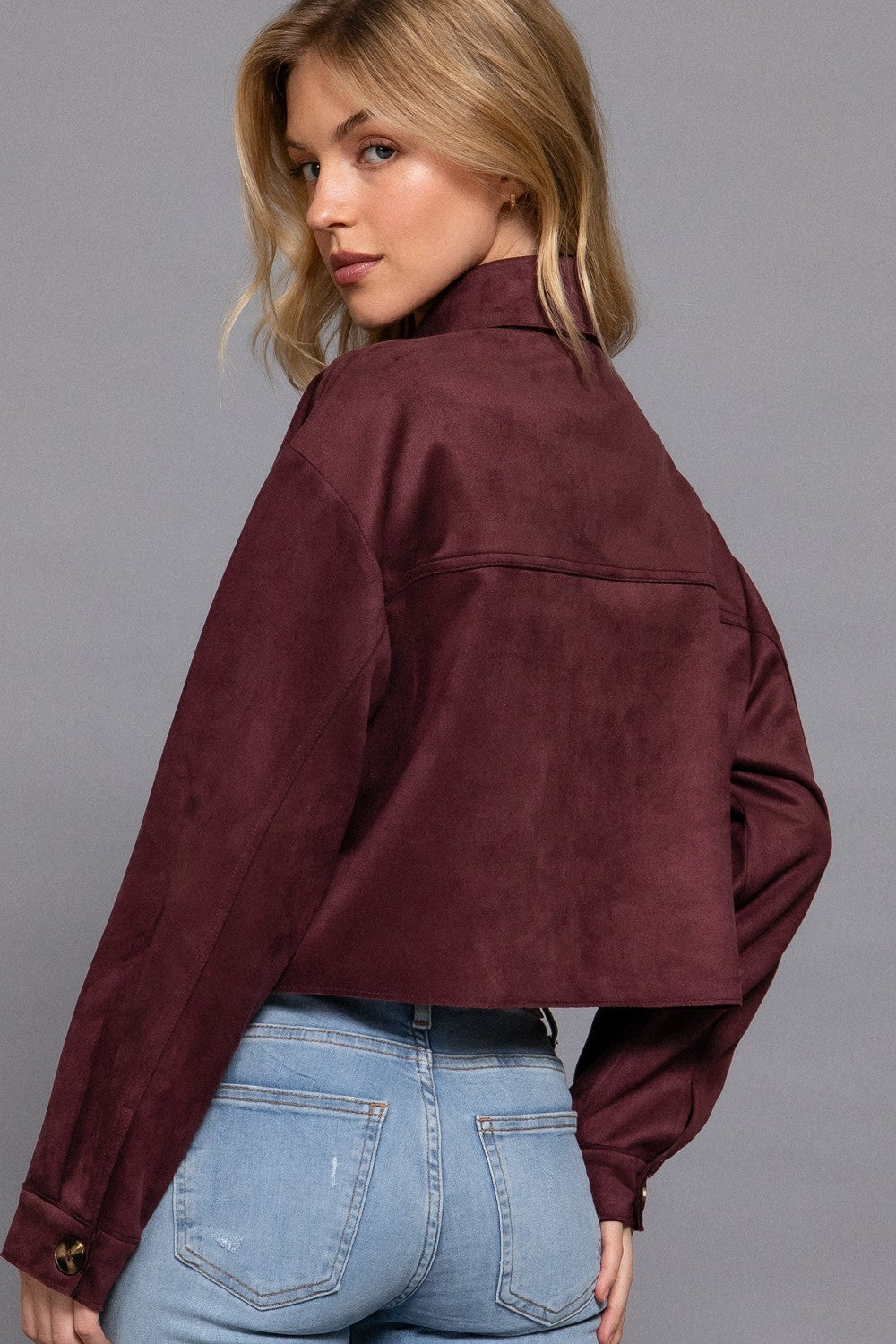 Faux Suede Cropped Jacket in Cherry Coke