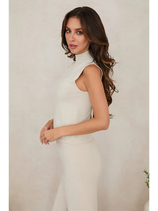 Milio Milano Italian Knit Sleeveless Mock Neck Top in Beige