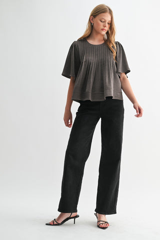 Texture Satin Pin Tuck Detail Blouse in Brown